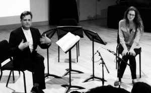 With Composer Lauri Bamon, introducing her 'All the Summer Seabirds' which the Kreutzer Quartet premiered at the Michael Tippett Centre, 16th July 2016 Photo: Alice Bayley