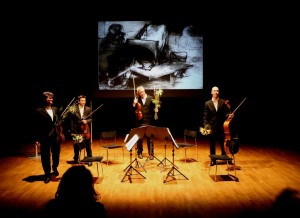 Celebrating the music of today: the end of the concert-after Michael Hersch's 'Images from a Closed Ward', buoyed up by a concentrated, and enthusiastic audience at the wonderful Palladium Theatre. With Neil Heyde, Morgan Goff, Mihailo TrandafilovskiMihailo Trandafilovski. Thanks to Cecilia Damströmfor the picture.