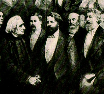 Joseph Joachim &Franz Liszt reconcile in London. April 1886.To the extreme right, Lord Leighton. From the 'Graphic' 17th April