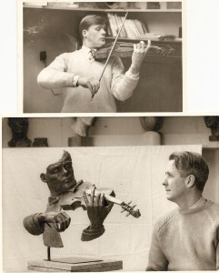 Ralph Holmes in 1962, in his twenties, and a sculpture made that year by the inventor/sculptor Lewen Tugwell
