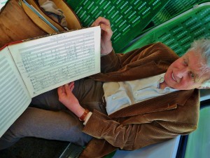 David Matthews on the train to record, with the 1970 manuscript of the 1st Quartet