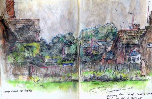 the joys of recording Australian music on a damp weekend in the Chilterns....light rain forced a pause for green tea on a bench under a huge yew tree in Aldbury Churchyard-looking over the fence at Chantry Row Cottages, with the Ashridge behind. Light rain, birdsong, the smell of Autumn beginning