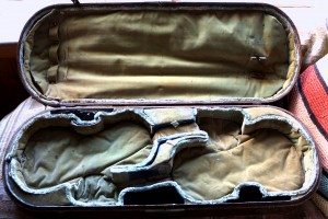 The double case (for the two Da Salo violins), still with the water damage from the riverboat accident of December 1868