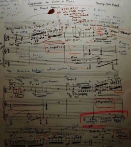 The first page of my performing score of 'Capriccio'-layers of technical work, conversations with the composer, and (in blue) observations of the pioneering performance by my teacher, Ralph Holmes.