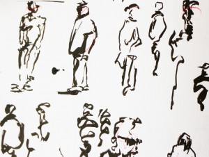. They crowd into the margins of my notebooks too, more writing than drawing. (Note book Margin, June 2014)