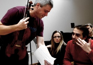 Morgan Goff working with  composer  Cecilia Damström and Chritos Ntovas