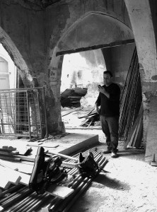 Evis Sammoutis collecting sound with Peter Sheppard Skaerved. Nicosia November 2014