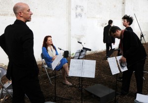 Preparation. Neil Heyde, writer Malene Skaerved, artist Charlotte Jarvis, and Peter Sheppard Skaervec