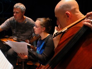 The workshop door, wide open again. Morgan and Goff and Neil Heyde, hard at work with young composer Katherina Müller.  Black Box, Gasteig 21 6 15
