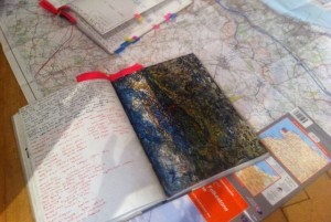 Peter Sheppard Skaerved's notebooks, drawings and maps laid out at a workshop for students at Dover Museum. Summer 2015