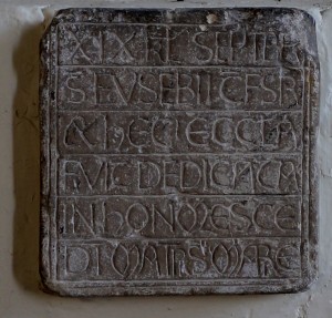 Foundation Stone (possibly 12th Century-Postling Church of St Mary and Radegund. Walking the Pilgrim Trail Winchester- Dover July 31st 2014)