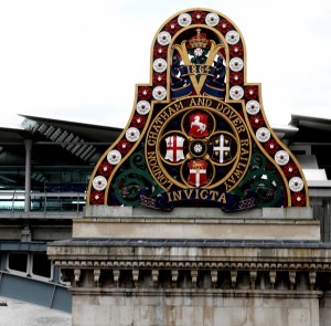 On a walking along the Thames to my home at Wapping, all that remains of the original bridge of the London Chatham and Dover Railway, at Blackfriars-Arms of the LCBR, erected on their bridge at Blackfriars, in 1864